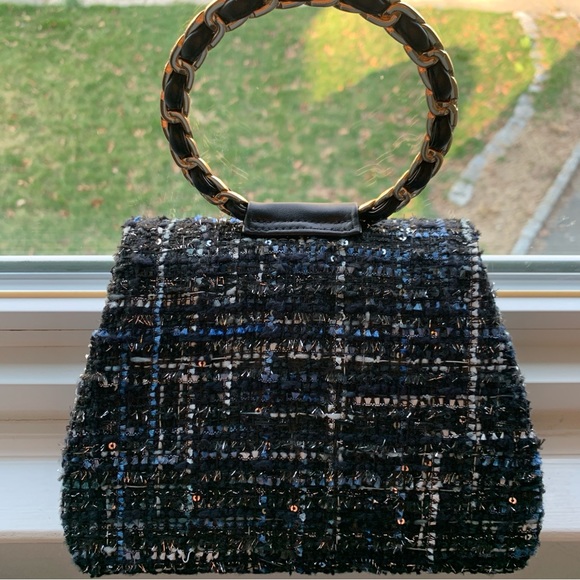 Mini Tweed Blue Black White Fabric Gold Chain Link Shoulder Handbag - Picture 1 of 14